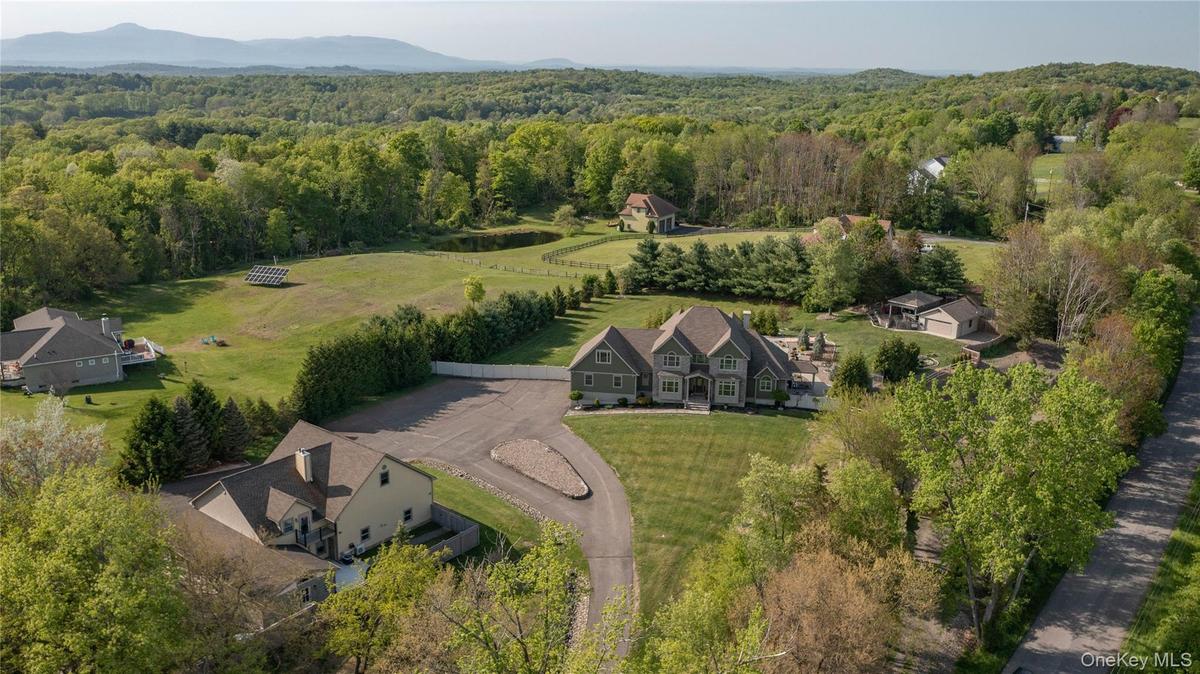 Aerial view of property showing primary residence, guest house and tree-lined privacy boundary.