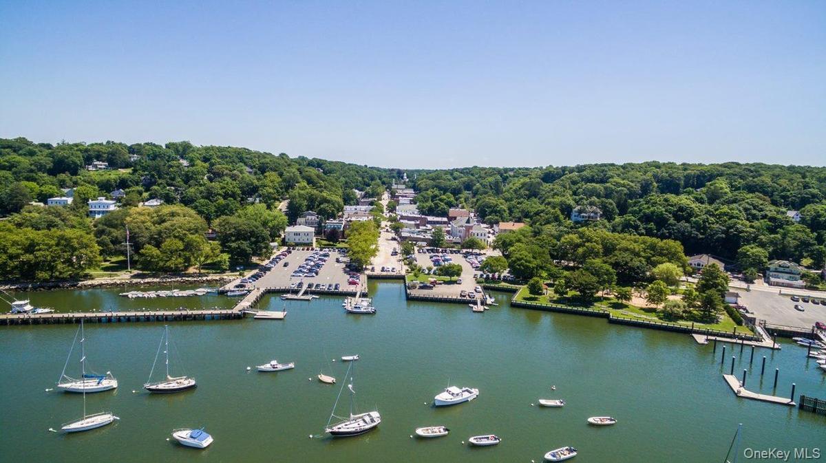 Waterfront community featuring an active marina with multiple boat slips, a paved parking area, and a tree-lined main street extending into the distan