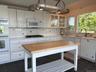 Kitchen featuring white cabinetry, a central island with a wood-finish countertop, integrated stainless steel appliances, a white tile backsplash, and