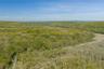 The land is entirely wooded, enveloping the site in natural beauty and seclusion. The terrain gently slopes northward and eastward toward a large prot