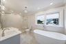 Large walk in shower, double vanity and free standing tub