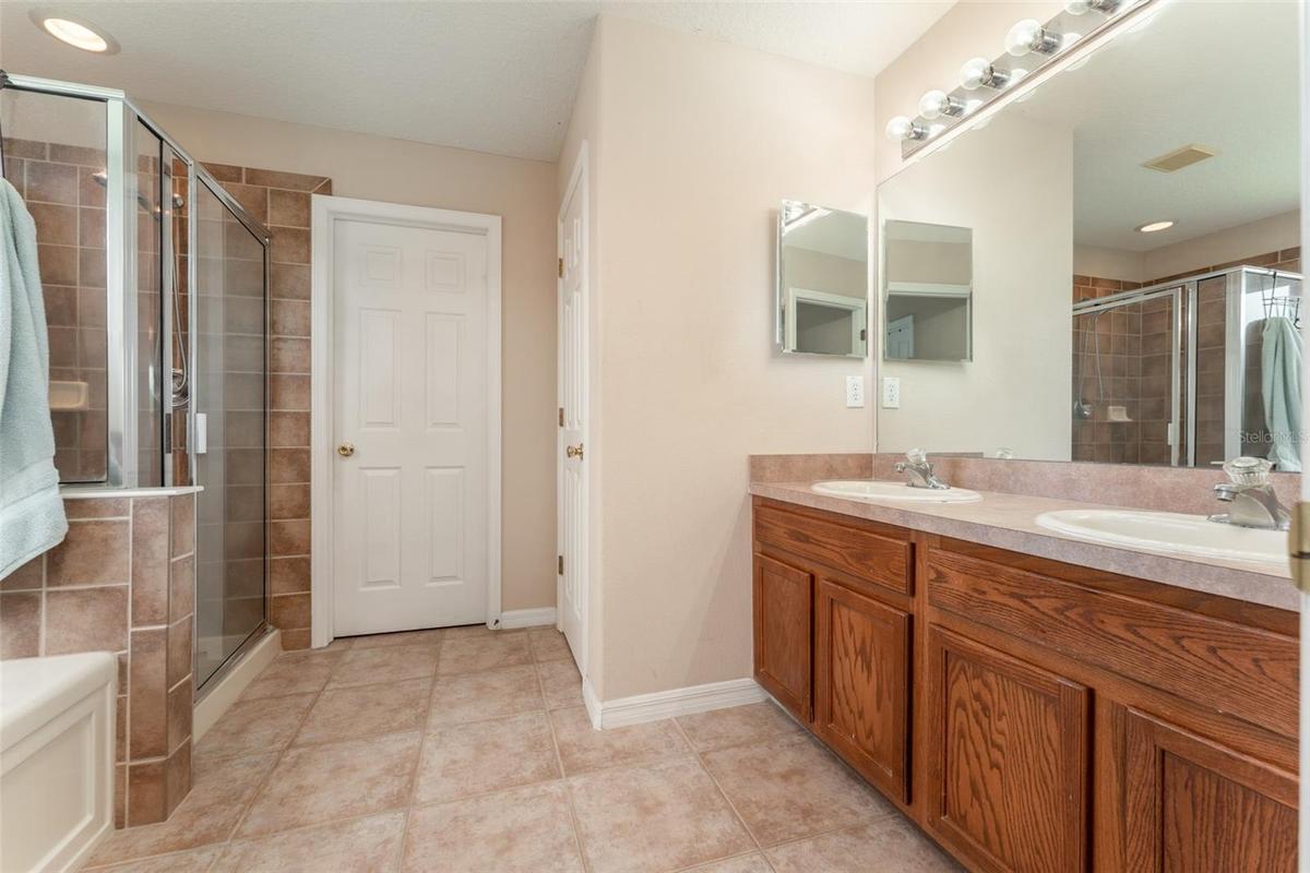 primary bath with dual sinks, soaking tub, separate shower stall, water & linen closets