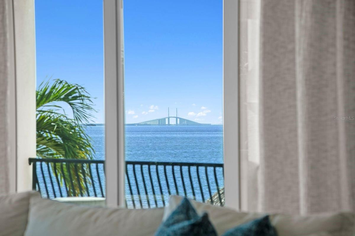 Sweeping views of the Sunshine Skyway Bridge create a striking backdrop from the family room.