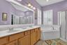 Primary bath with separate large soaking tub and double vanity.