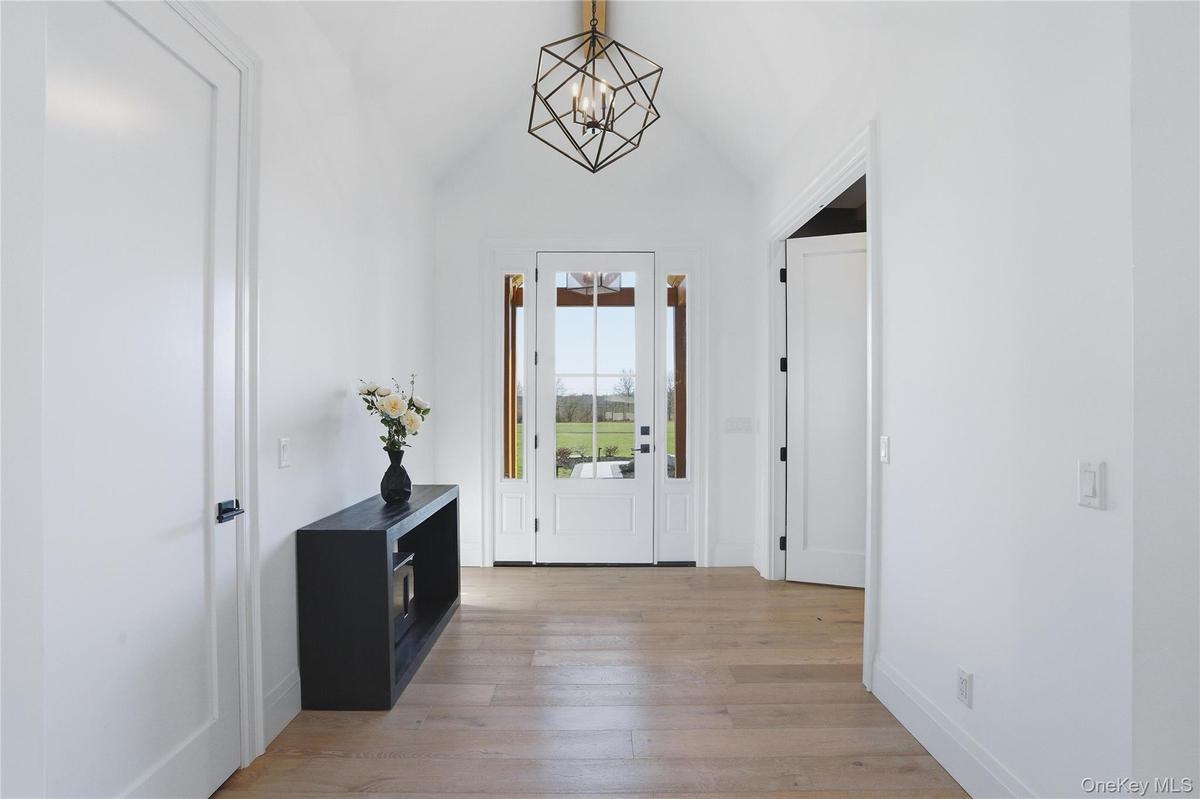 Vaulted foyer with light wood-finish flooring, a modern geometric chandelier, and a glass-paneled entry door flanked by sidelights