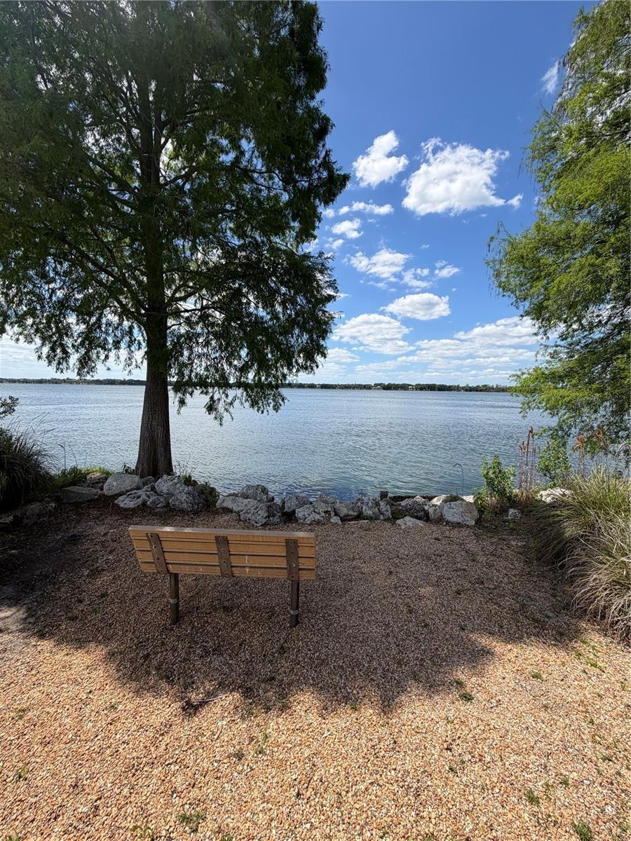 Sitting area on path next to clubhouse