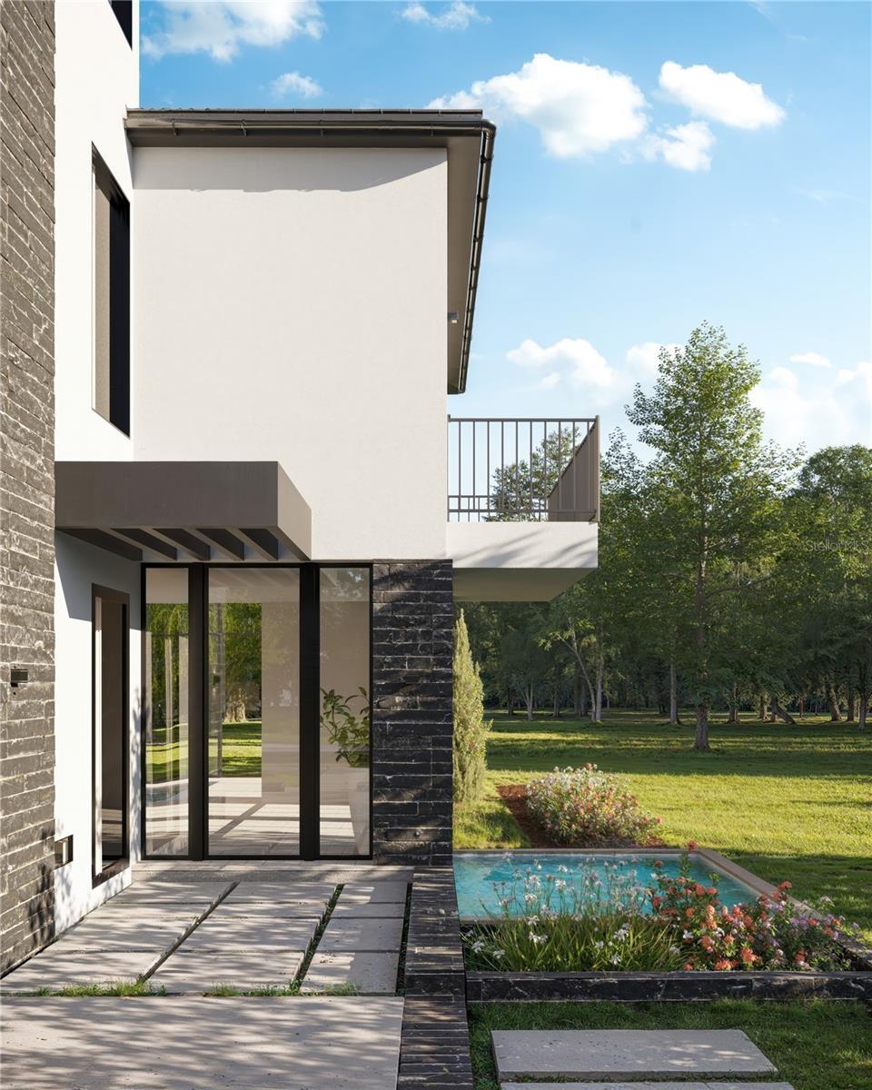 Entry of home showcasing a beautiful reflection pool.