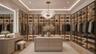 Custom-designed walk-in closet featuring boutique-style illuminated cabinetry, glass-front storage, a center island, and a dedicated vanity for a refi