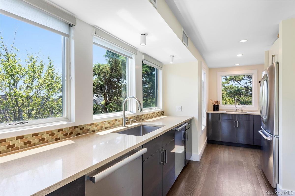 Kitchen featuring stainless steel appliances, dark wood-style flooring, decorative backsplash, plenty of natural light, and recessed lighting