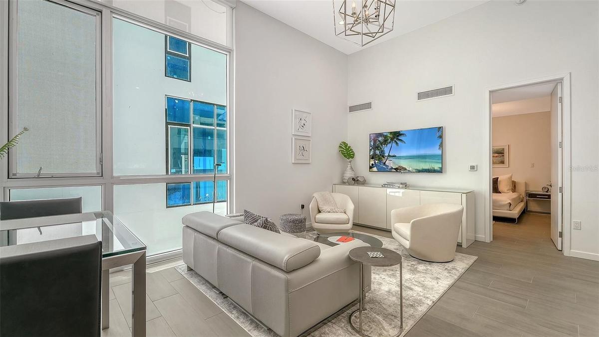 Open concept floor plan with 12 foot ceilings.
