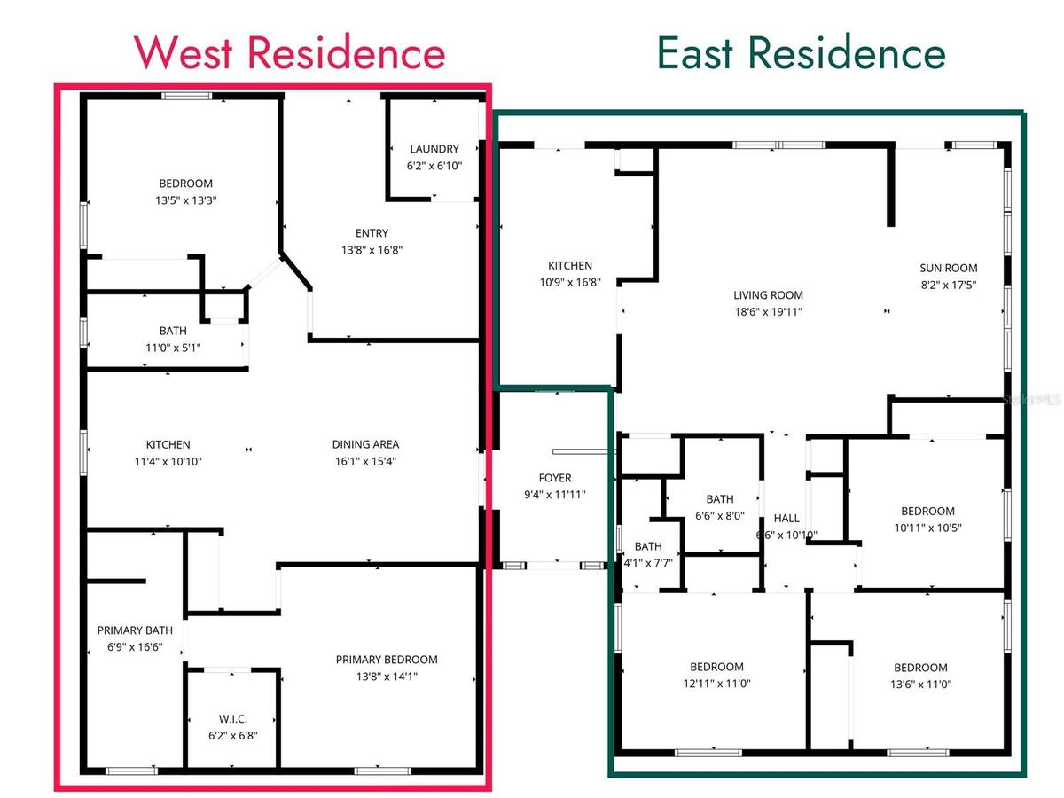 2 complete 3 bedroom, 2 bathroom residences with kitchens.