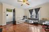 Living Room with tall ceilings & windows, Hardwood Wood Floors & Ceiling fan.