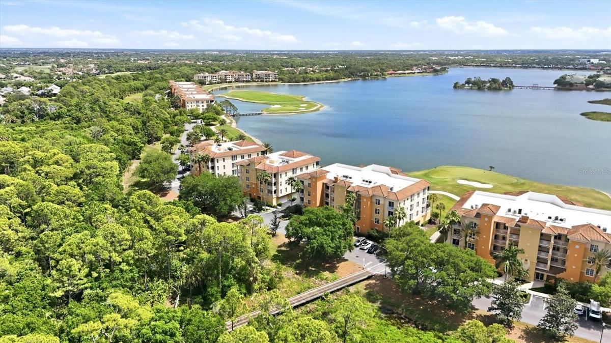 Aerial view of building 6 and Lake Uhlein