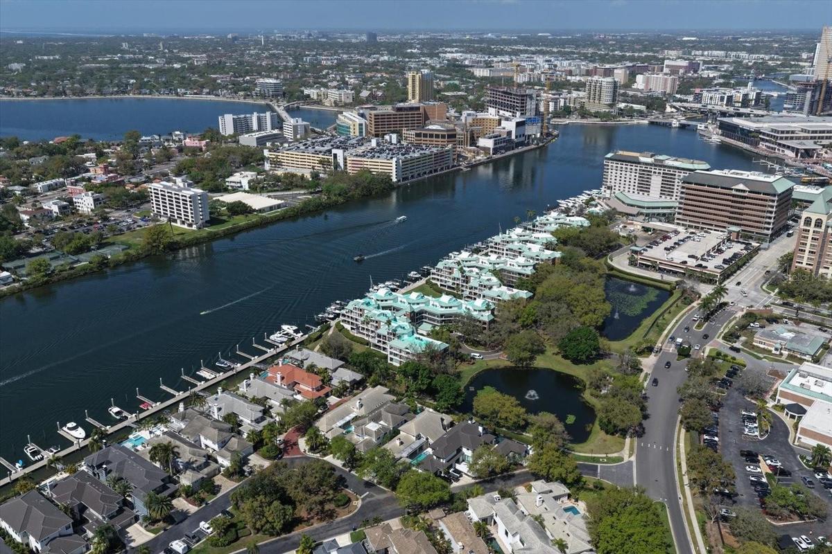 Aerial view of Seddon Cove and Seddon Channel, with Davis Islands and Bayshore Blvd in background.