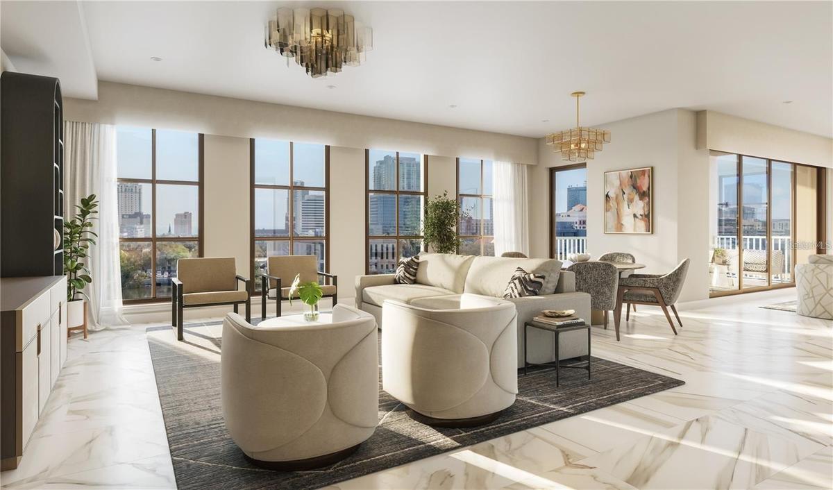 The great room is perfect for entertaining or enjoying peaceful views of the city skyline
