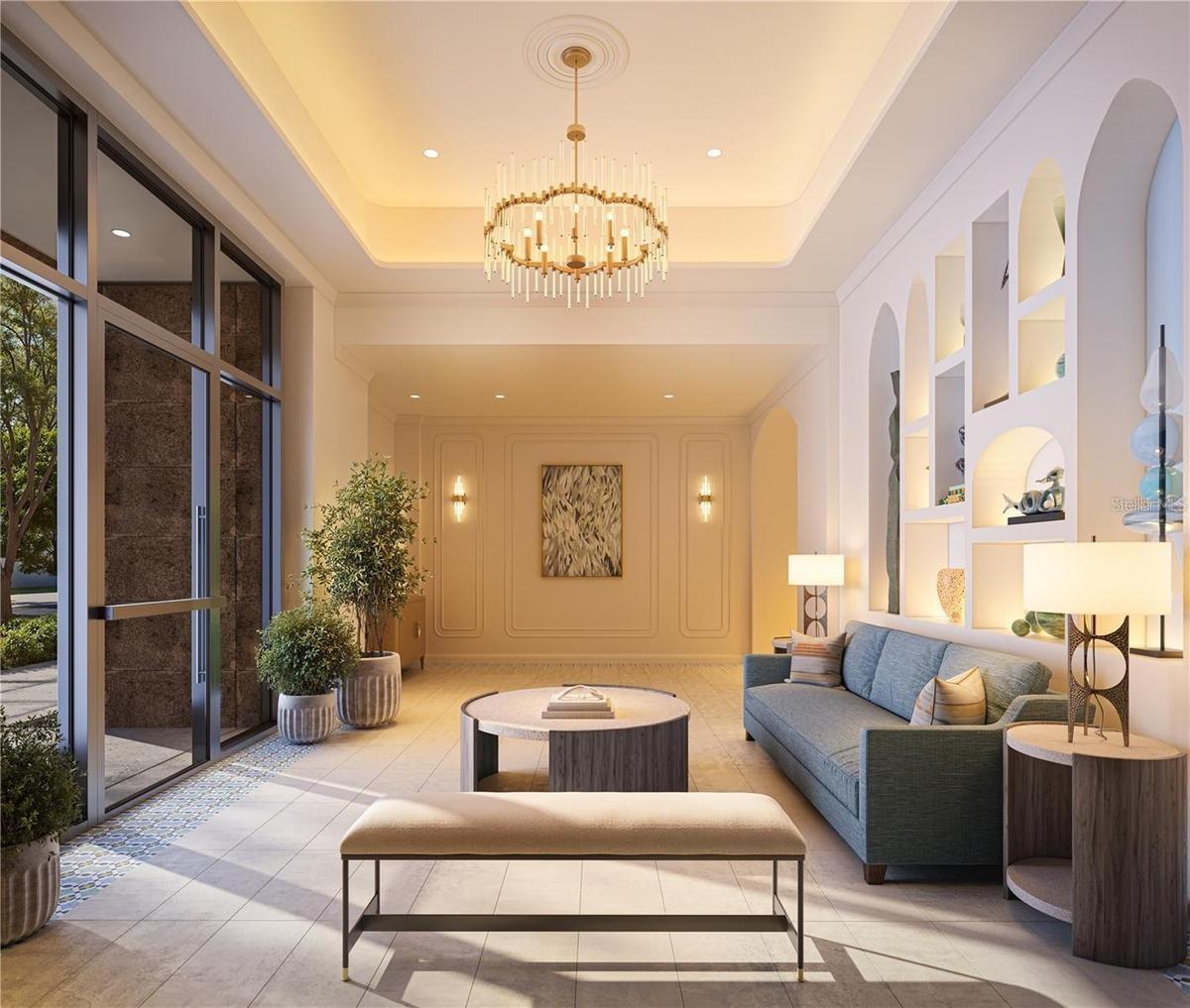 With niches, warm lighting and crown molding, the lobby feels like an extension of your home.