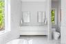 Primary Bathroom featuring a dual vanity with white cabinetry, square undermount sinks, and polished chrome fixtures