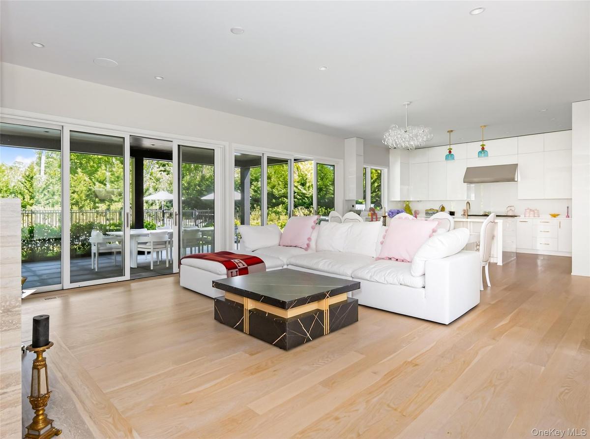 Open-concept living area featuring light wood-finish flooring, a wall of sliding glass doors opening to an outdoor patio, recessed lighting, and a mod