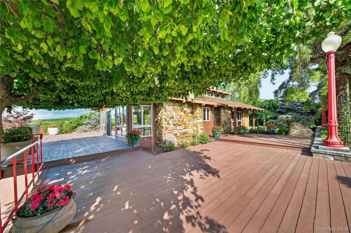 The side deck is canopied by a wonderful weeping birch tree, providing shade and an artistic backdrop