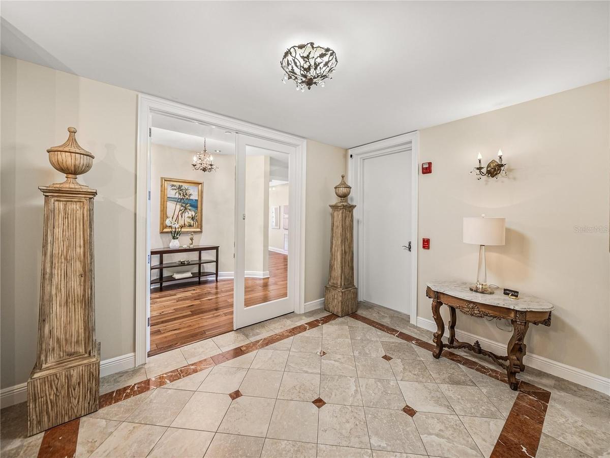The lobby is both spacious and stylish.