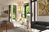 The room is anchored by a stunning floor to ceiling fireplace.