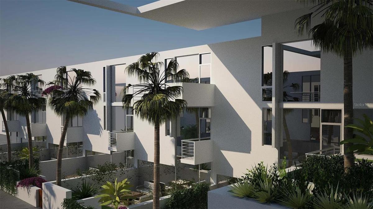 Builder Rendering of THIS STYLE UNIT with Ground Floor TERRACE OUTSIDE, Ground Floor Living INSIDE, and 2nd Floor Bedroom Area with Balcony!  Direct V