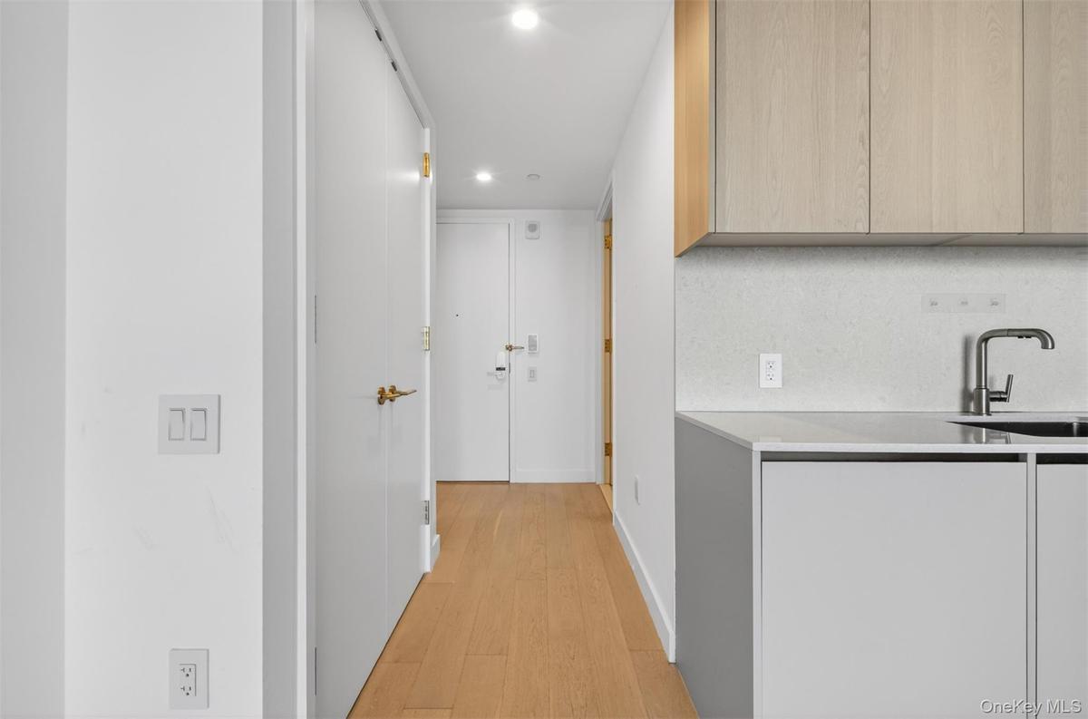 Streamlined kitchen area featuring light wood-finish cabinetry, a solid surface countertop, and a contemporary sink with a gooseneck faucet