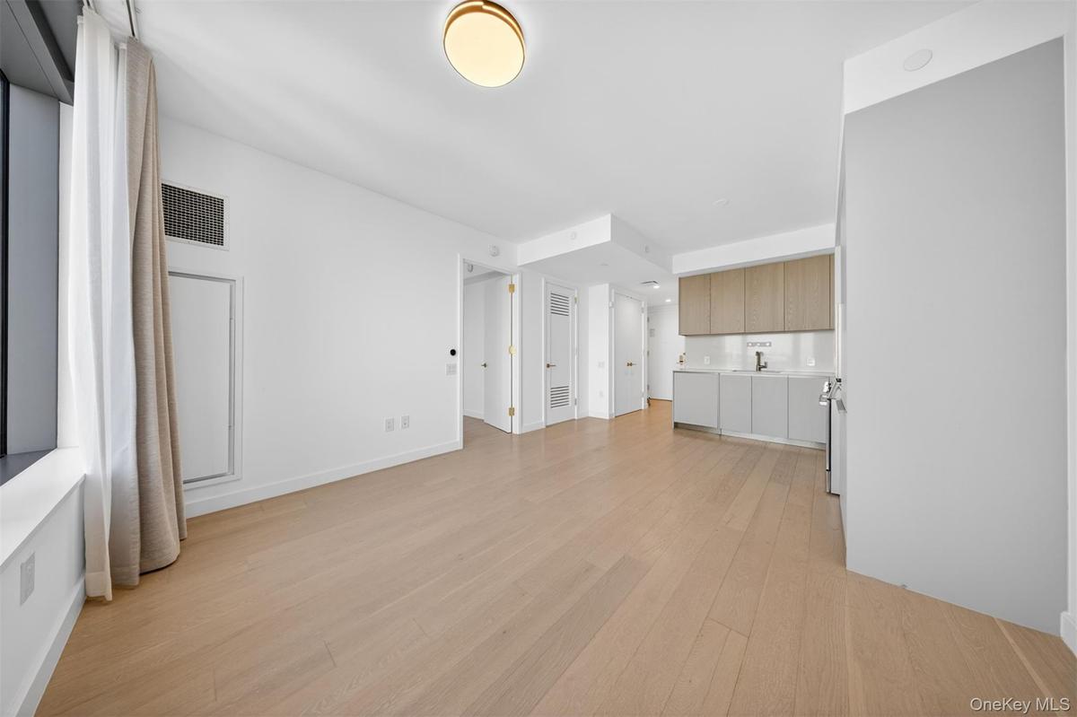 Open-concept living area with light wood-finish flooring, recessed ceiling lighting, and a modern flush-mount light fixture