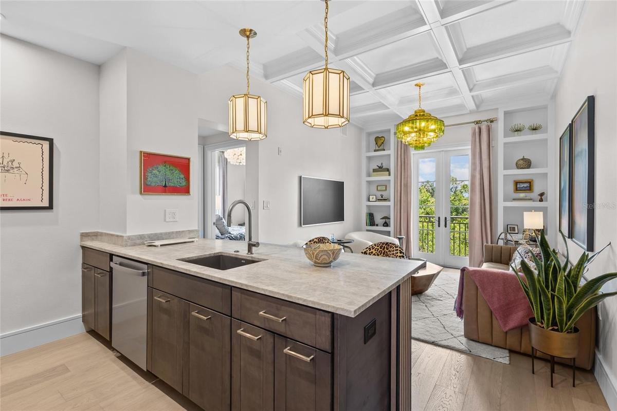 Leathered marble countertops in kitchen & bathrooms