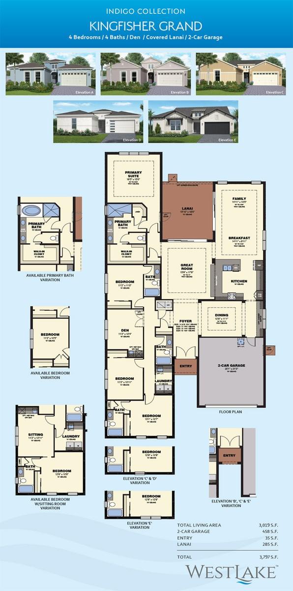 Kingfisher Grand Model Home Floor Plan w/ "Available Bedroom w/ Sitting Room Variation" Option.