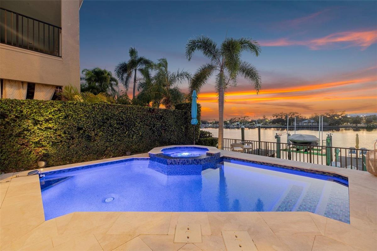 Sunset skies and shimmering water deliver an evening ambiance made for relaxation and gatherings.