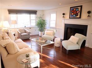 Large living room with woodburning fireplace