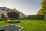 Expansive backyard featuring a manicured lawn, established privacy hedges, and mature landscaping