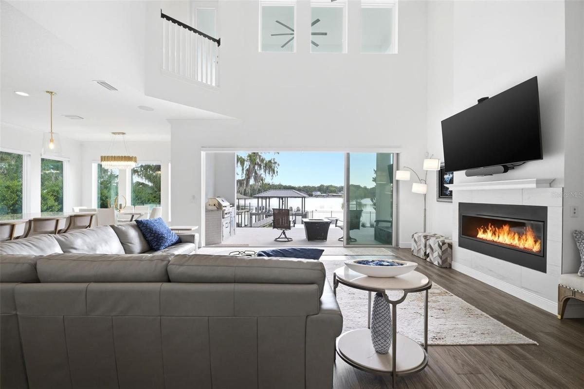 sliding glass doors open to the outdoor space
