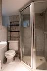 Enclosed corner shower with glass surround, pebble tile shower walls, and a multi-setting showerhead