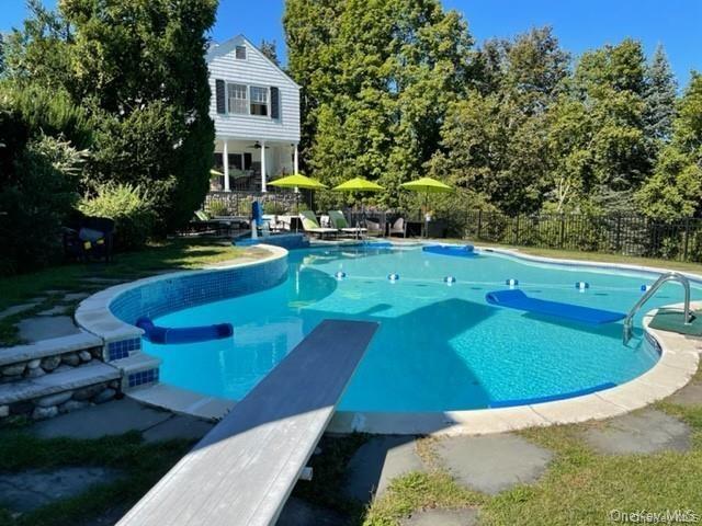 View of pool featuring a diving board
