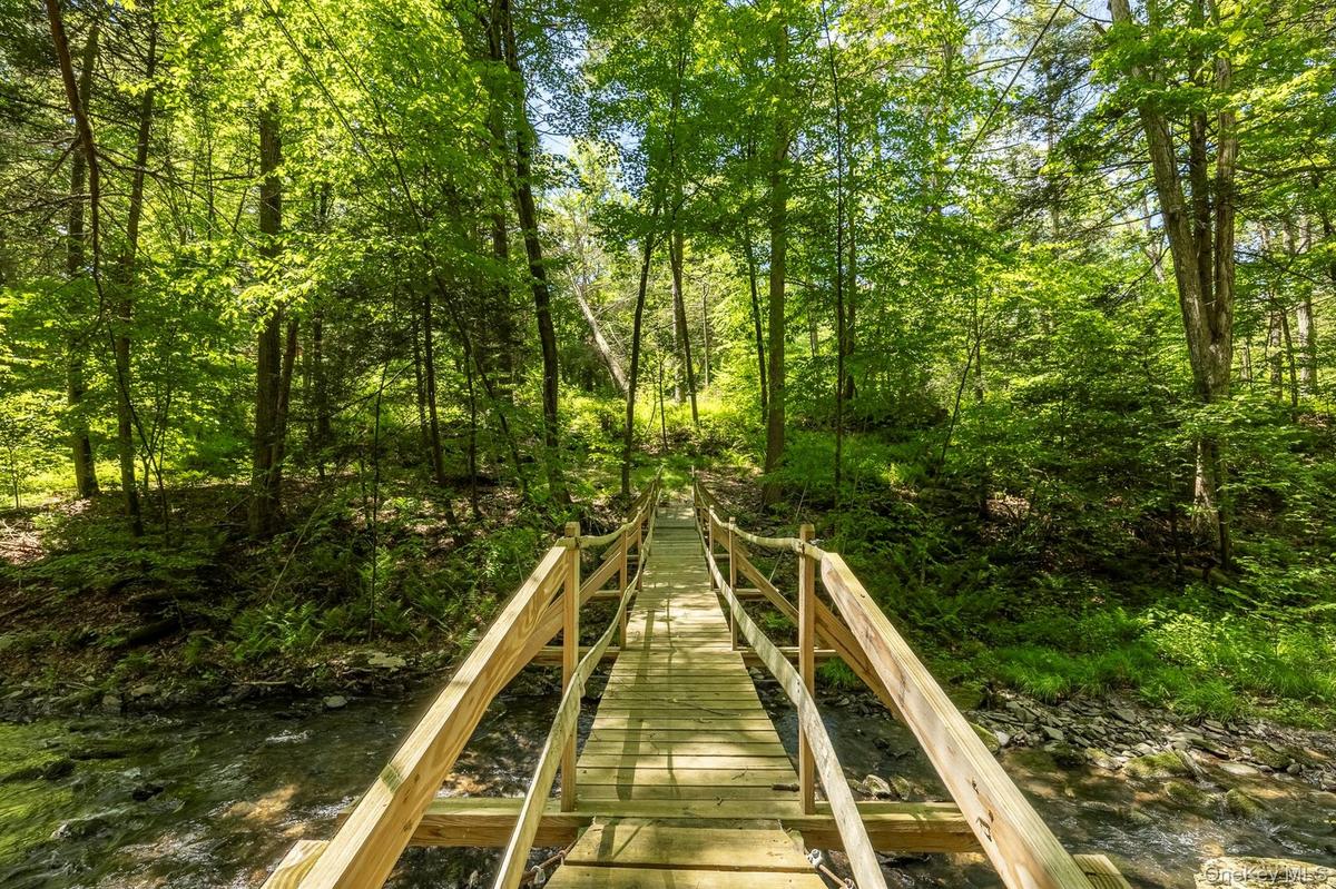 Bridge over stream with a view of trees