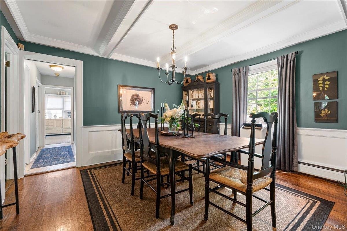 Dining room featuring hardwood flooring and white wainscoting
