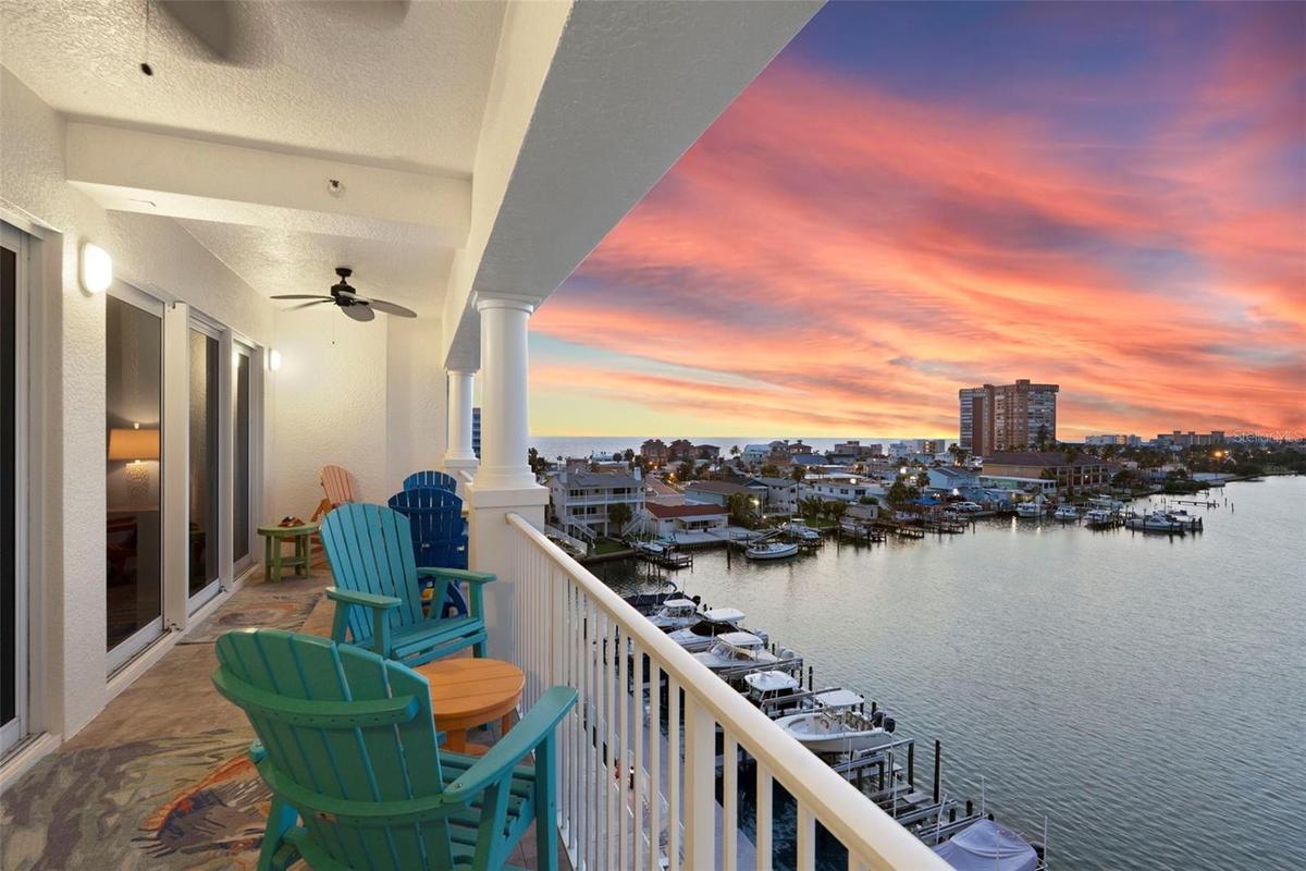 Balcony view from your 6th floor home with west sunsets views of Gulf of Mexico and direct north view of Boca CIEGA Bay