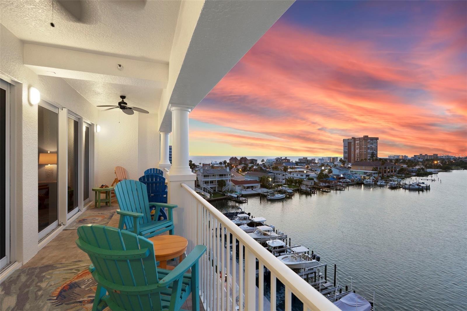 Balcony view from your 6th floor home with west sunsets views of Gulf of Mexico and direct north view of Boca CIEGA Bay