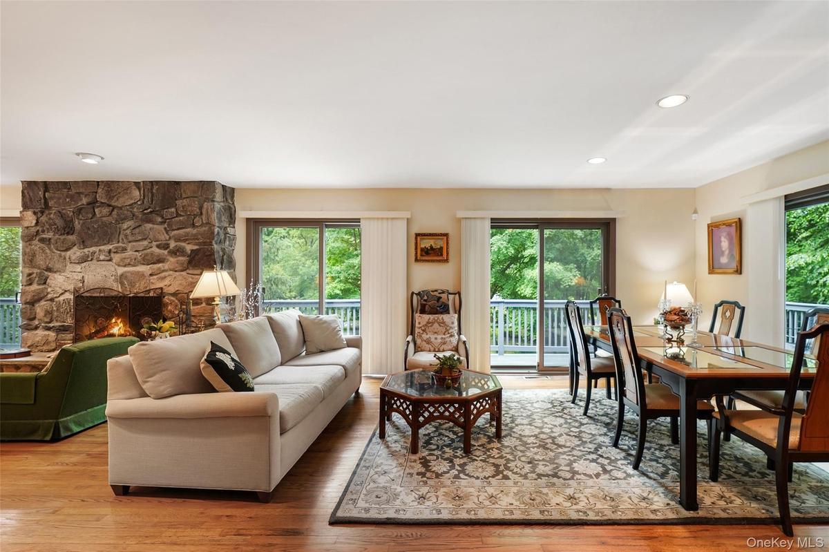 Beautiful living room with stone fireplace