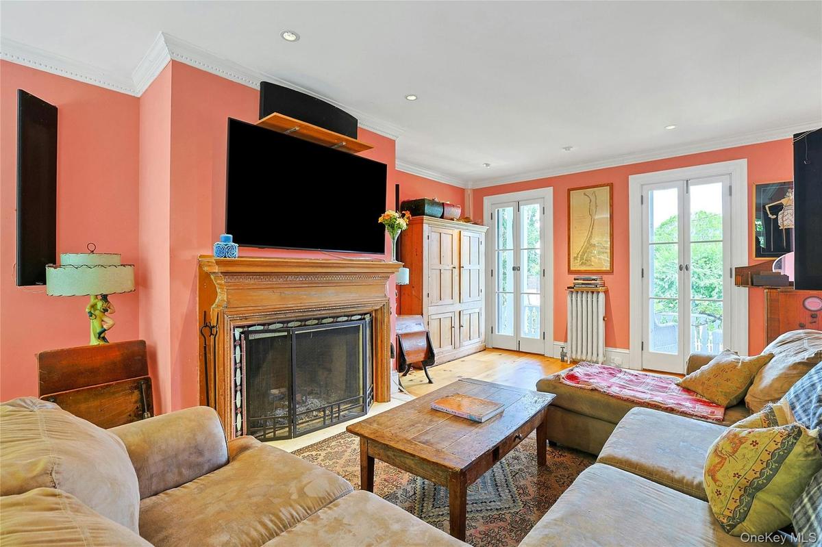 family room with french doors to the front porch
