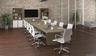Office area featuring brick wall, wood finished floors, and built in features