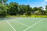 Full-size tennis court/basketball court featuring a green surface with white line markings