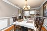 Dining space with crown molding, wainscoting, a chandelier, wood finished floors, and a baseboard radiator