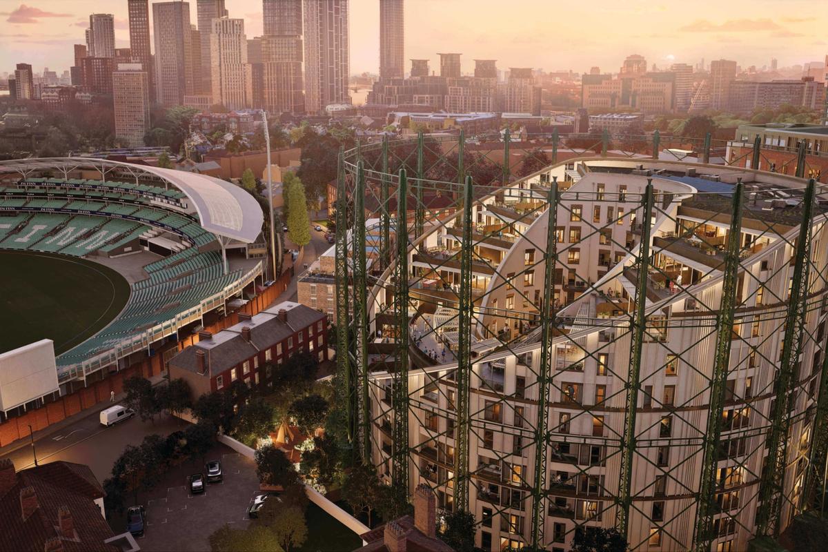 Historic photograph of Oval Gasholder No.1, installed 1847, the world's largest gasholder at the time, now home to The Halo penthouses