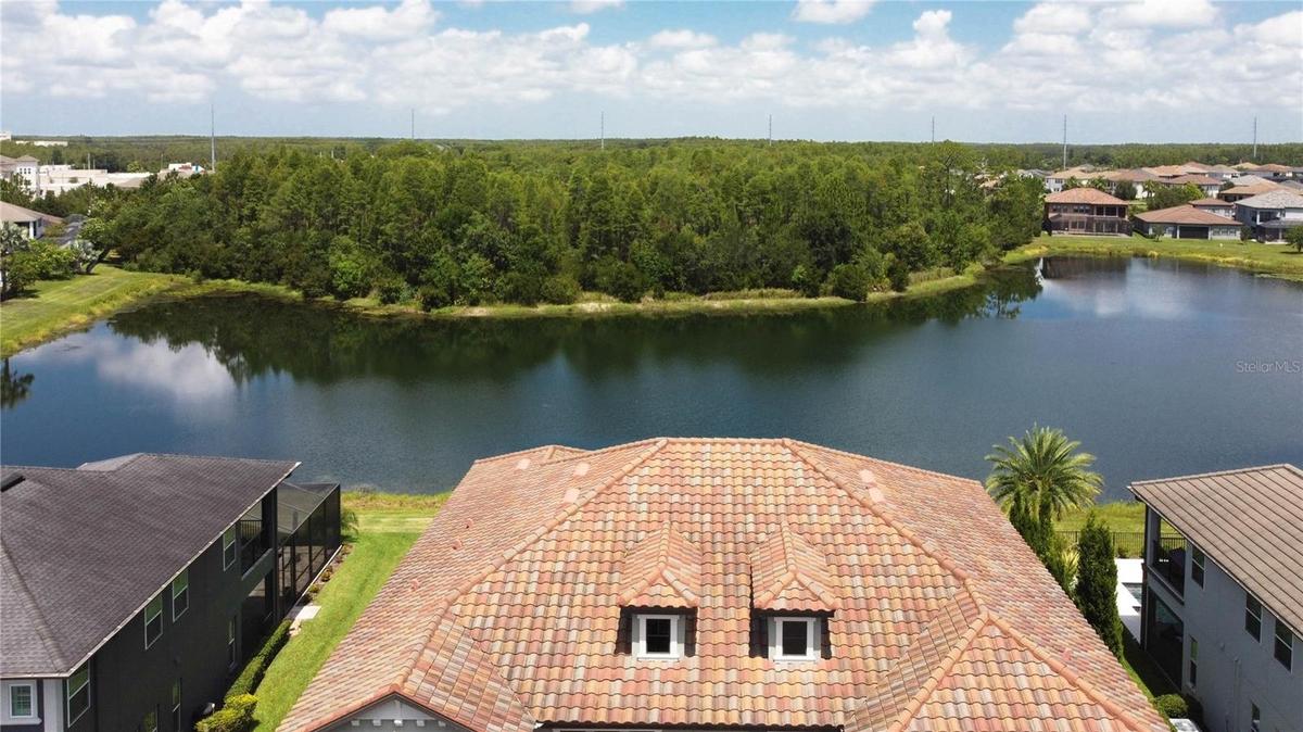 Aerial of rooftop and pond