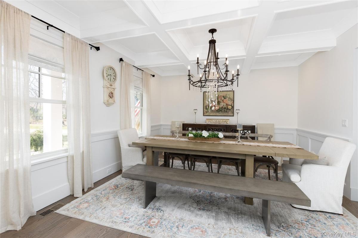 Dining space with beam ceiling, wood finished floors, coffered ceiling, a chandelier, and wainscoting