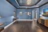 Spacious room featuring dark wood-finish flooring, blue walls, and a multi-tiered ceiling with a decorative patterned inlay