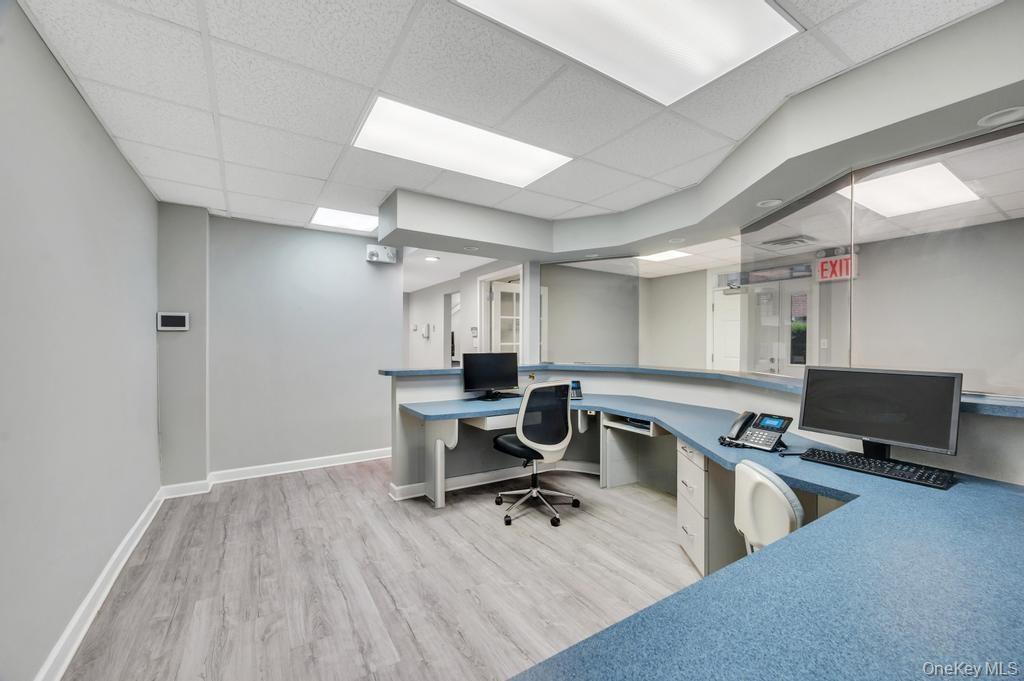 Reception area featuring a curved desk with a blue countertop, light wood-finish flooring, and a suspended acoustic tile ceiling with integrated light